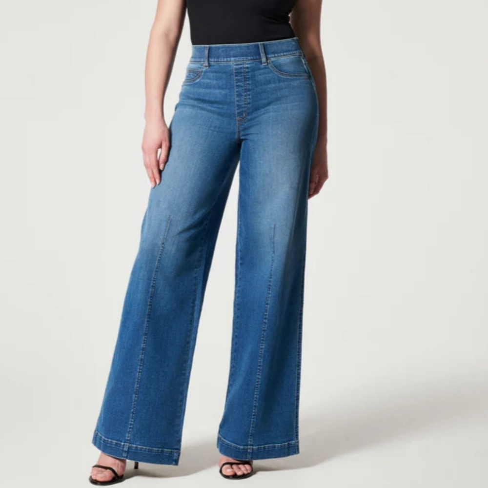 SPANX Seamed Front Wide Leg Jeans In Vintage Indigo Wash Stretch Denim Size‎ XS